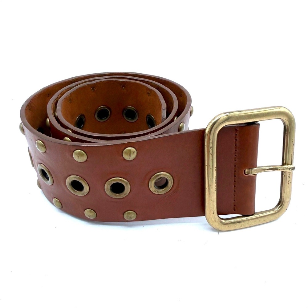 1980s Wide Brown Leather Studded Grommet Belt The Limited Size S